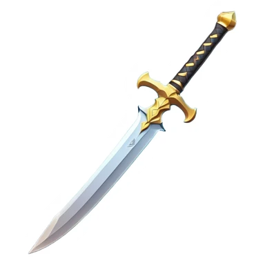 Clash of Clans aesthetic: Cinematic Playful Sword Emoji, rendered in a 3D vector-style similar to standard emojis with minimal shading and bold, simplified shapes. A compact, isometric blade with a gleaming, intricately designed hilt and a razor-sharp edge, softly glowing with a heroic, battle-ready charm. Simplified yet unmistakably iconic, highly detailed and consistent, glowing with a soft radiant brilliance and high shine. Stylized with a touch of medieval finesse and a soft glowing outline, capturing the essence of a legendary sword with a friendly, playful vibe! sticker