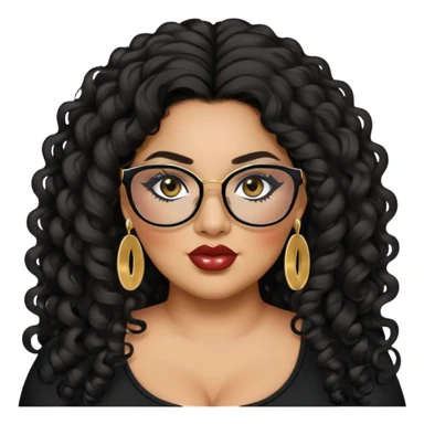 big plus size, latina, darker tan skin, long black curly hair, baddie,pretty, makeup, lipgloss, black eyeliner, long hair, small gold earrings, black top, black glasses sticker