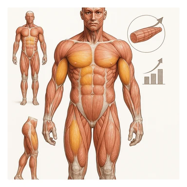hyper realistic image of human body with large and small muscles highlighted, diagrams and muscle growth symbols, short text 'common physiological response', anatomical details, educational atmosphere, white background sticker