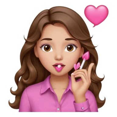 girl with long wavy brown hair, brown eyes, light to medium complexion, in a pink shirt, pink lips, long lashes, blowing a kiss sticker