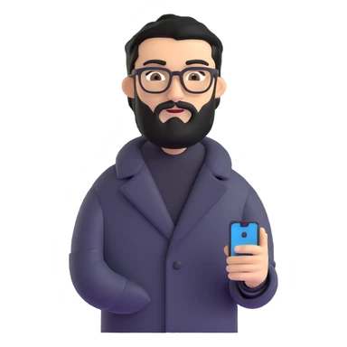 professional man standing upright, wearing black coat, with medium black beard, neat black hair, connected unibrow, olive tan skin, brown eyes, glasses, prominent nose, holding a smartphone sticker