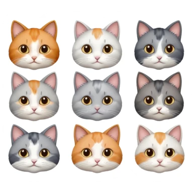 6 realistic looking cats with different natural coloured coats, assorted grey and white, greys, calico, brown and white colours etc
 sticker