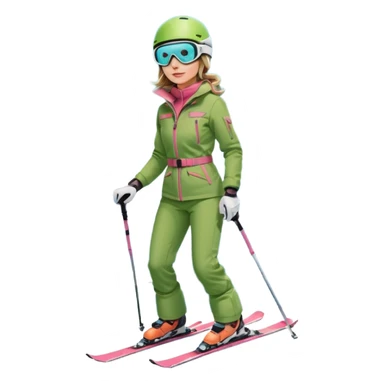 Woman, skiing, White helmet, rosa goggles Green Jacket, green trousers, blue skibackground Matterhorn sticker