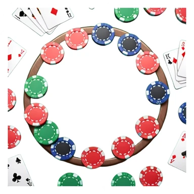 A photorealistic icon featuring playing cards and a stack of poker chips on a green felt table. Bright, detailed design with realistic textures and lighting. Transparent background, clearly symbolizing card games and strategy. sticker