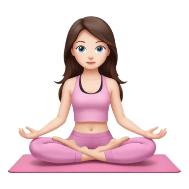 Brunette long hair and blue blue eyes yoga beautiful girl in light pink pink pink clothes sitting on a yoga mat sticker