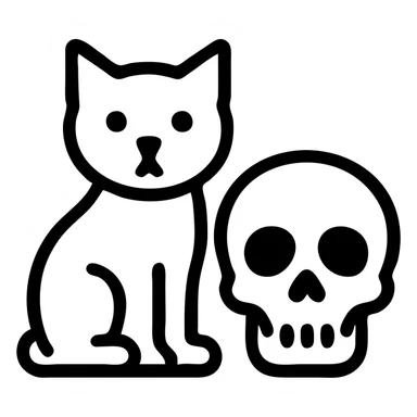 black cat sitting next to a skull, clean simple outlined icon, no sketch lines sticker