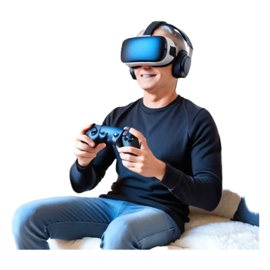 Homme noir, week-end détente, avec casque VR et manette PS 2025, assis dans un salon cosy décor Noël. Père Noël à côté, sourire amical, sapin illuminé, guirlandes et cadeaux au sol. Style réaliste, lumineux, ambiance festive & gaming. sticker