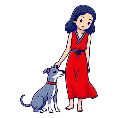 A beautiful 25-year-old Japanese woman with long flowing black hair wearing a stylish red beach dress, gently petting a PURE SOLID DARK GREY whippet with a bright RED COLLAR on a beach at night under a starry sky. The whippet MUST be 100% SOLID DARK GREY with ABSOLUTELY NO WHITE MARKINGS ANYWHERE - specifically NO WHITE on face, NO WHITE on chest, NO WHITE on paws - ENTIRELY ONE CONSISTENT SOLID DARK GREY COLOR throughout. Deep blue night sky filled with bright stars, moonlight reflecting on the ocean, sandy beach in the foreground. sticker