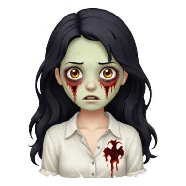 garota zumbi com cabelo preto ondulado longo blusa branca sem botões, lisa a blusa sticker