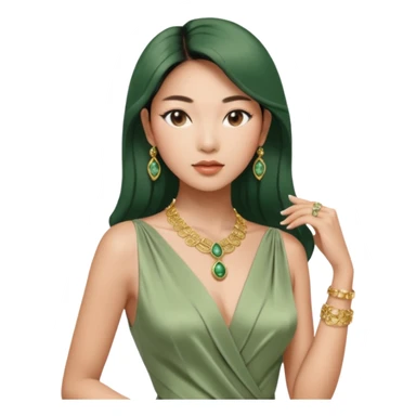 Aesthetic rich Asian woman in sage green Versace dress and Cartier jewelleries, 3/4 view sticker
