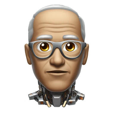 Older Male cyborg head with metallic plated face, brown flat top haircut, glasses and circuitry sticker
