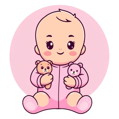 adorable baby in pastel pink outfit with pink teddy bear sticker