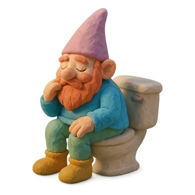 claymation style gnome sitting on a toilet, magical atmosphere, pastel colors sticker