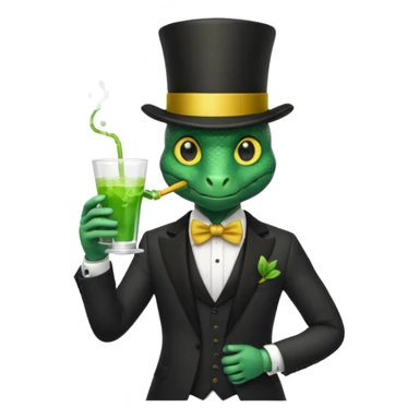 snake wearing suit, bowtie and top hat, holding a glass of green drink sticker