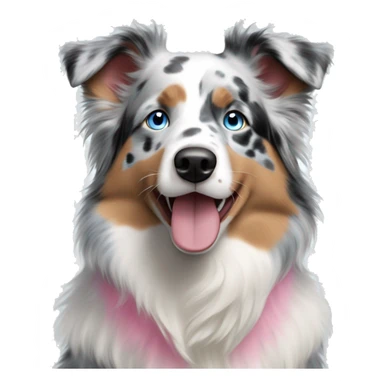 Blue Merle, and white Australian Shepherd with bright blue eyes and a pink nose with light spots on nose sticker