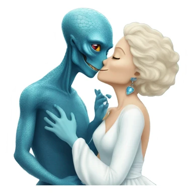White man in blue dress hugs and kissing Alien reptilian woman in white dress  sticker
