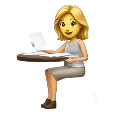 White woman sitting on chair near table with document on hand sticker