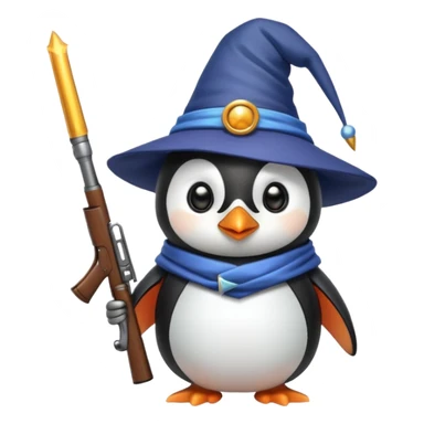 A cute penguin funny with a wizard hat, and a shotgun sticker