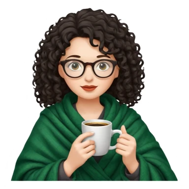 Dark curly hair lady with glasses inside a dark green blanket sipping coffe sticker