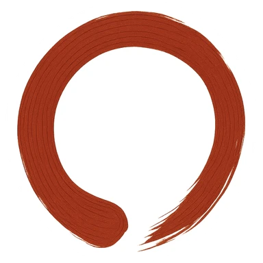 Create a Japanese style enso circle with the same thickness as the previous version but with ragged edges at the start and end, similar to the reference images. The edges should be longer, smeared, and artistic brush strokes. The color should be a rich saturated red. The inside of the circle is completely empty and the background is transparent. No text or decoration. sticker