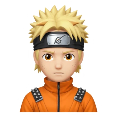 Naruto character with spiky blond hair, orange jumpsuit, ninja headband, apple emoji style sticker