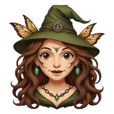 mischievous forest witch woman long wavy brown hair tattoos smirk moth sticker