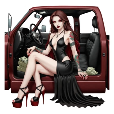 Lilith symbol red eye seductress evil long brown haired sexy succubus woman with leather long dress with slit, sitting in Big Large F350 pickup truck. Black Platform high heels on feet. Tattoo sleeve arms, seat full of stacks of cash, and a man dead human skull of her enemies and a gun in other hand sticker