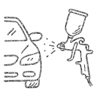hand-drawn outlined icon of a paint spray gun pointing at a car section, light layer of glossy black paint spraying out, silver details, clean lines, no excess paint, clean and modern sticker