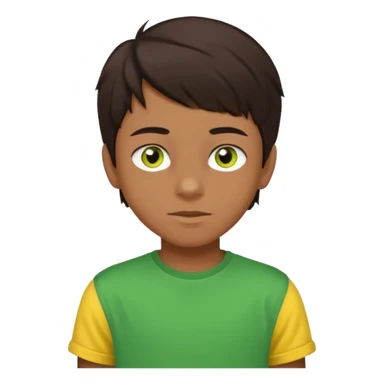 A portrait of a 14-year-old boy, he's got dark-brown hair, brownish skin and green hazel eyes. he's wearing a t-sirt with yellow sleeves. sticker