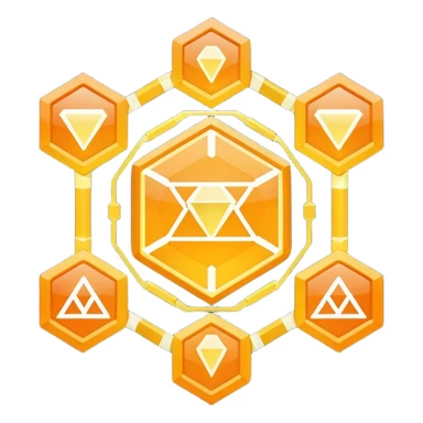 Futuristic reward points icon with PFD in the middle, diamond or hexagon shape, circuit board lines, Bloomberg terminal aesthetic, gold orange phosphor glow on dark background, minimalist geometric, no text, fintech style, clean edges, professional icon design sticker