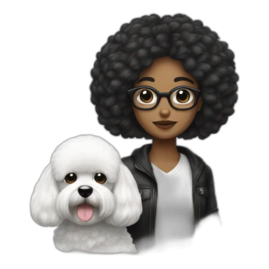 mujer pelo largo negro con gafas y perro bichon blanco sticker