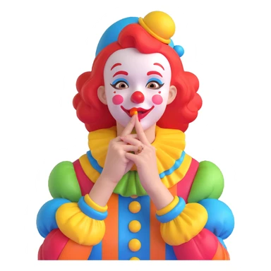 whimsical clown girl, hand close to her lips as if telling a secret, bright costume, cheerful and mysterious sticker