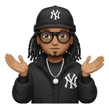 African American man with shoulder length black dreadlocks wearing black sunglasses with black bubble winter coat wearing a New York Yankees baseball hat with hands out sticker