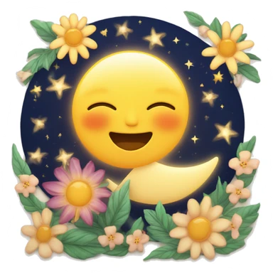 Sun and crescent moon kissing with stars and flowers around sticker