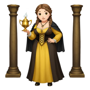 Helga Hufflepuff,brown-haired,2 braids,yellow-black medieval open dress,deep neckline,fat macromastia,black cloak decorated with gold braiding,gold cup with two handles,very kind smile,curvy busty sweet woman,round rosy cheeks,full length with medieval shoes sticker