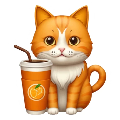 Gato naranja tomando café frio con un popote tomando el popote con sus patitas sticker