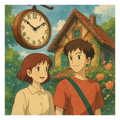 two people, a clock and a house together sticker
