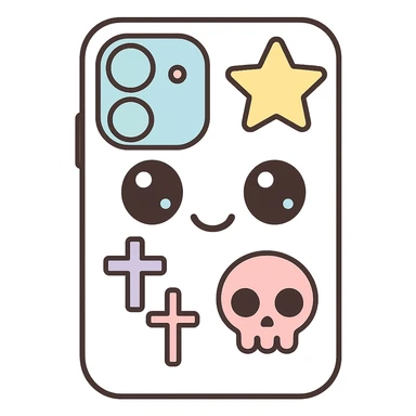 Remove any purse or purse-matching elements. Focus only on a white and black gothic kawaii phone case with big eyes, smiling, playful, cartoonish style, and gothic symbols. No purse references. No background. sticker