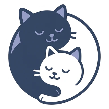 yin-yang symbol made of a black cat and a white cat, curled up together, peaceful expression, stylized, clean lines, minimal background sticker