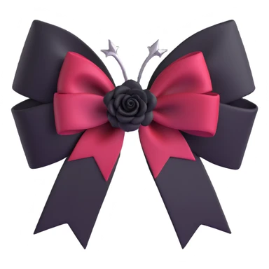 3D emoji gothic bow, dark crimson satin, black rose center, and silver thorn accents sticker