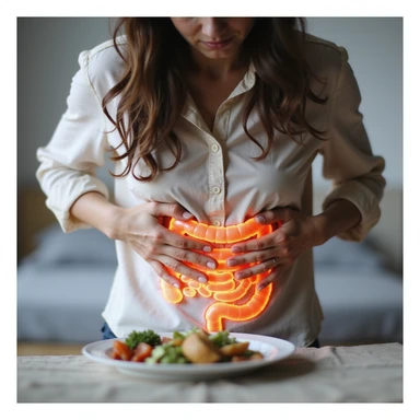 adult woman, photorealistic, on diet for intestinal problems, hands pressing abdomen, face contracted in pain, light food plate in front, intestines highlighted in transparency, natural light, home background sticker