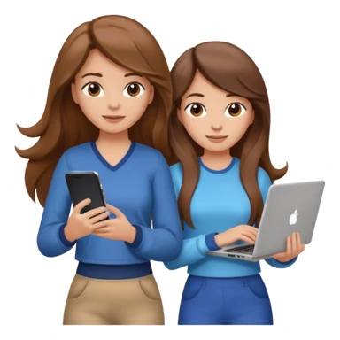 two brown haired girls, looking professional maybe leaned back on back and looking forward and using phones, with longer hair and with some cute clothes without ties, blowout hair, one girl can hold lap top athoer one can hold the phone sticker