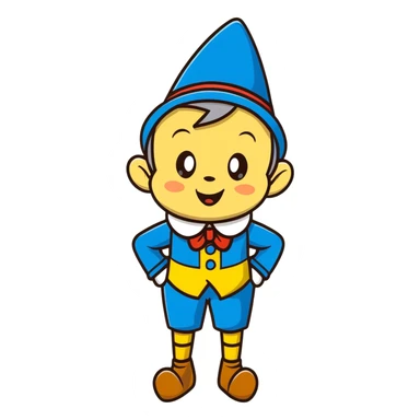 Cartoon Pinocchio puppet with growing long nose, blue outfit and pointed hat sticker