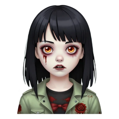 uma menina zumbi com cabelo preto e liso e uma franja. ela tem um estilo meio emo sticker