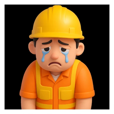 Make the sad construction worker look even sadder, with tears, slumped posture, and a gloomy expression in 3d-emoji style sticker