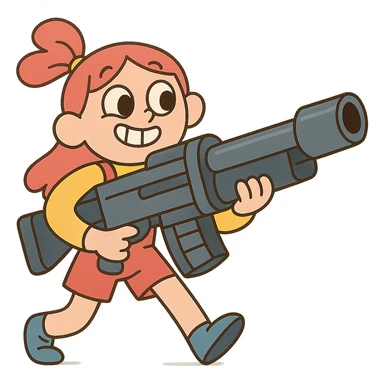 funny, positive stalker girl named Businka with a huge machine gun sticker