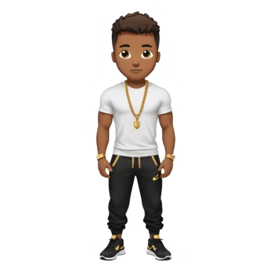 Handsome Black guy with brown skin tone, with muscular build, wearing black sweatpants, a white t-shirt, black Nike air max, a small gold rope chain, and a gold watch  sticker