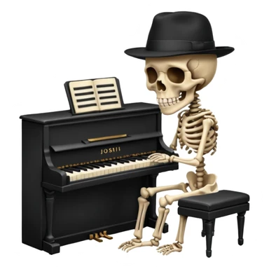 A human skeleton wears a black hat and plays the piano. sticker