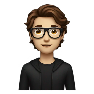 A 19 year old guy, with stylish brown hair, wearing futuristic spatial computing glasses, in a black outfit with dark red accents sticker