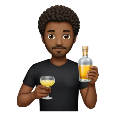 dark black guy, short curly hair, facial hair, holding tequila, black shirt  sticker